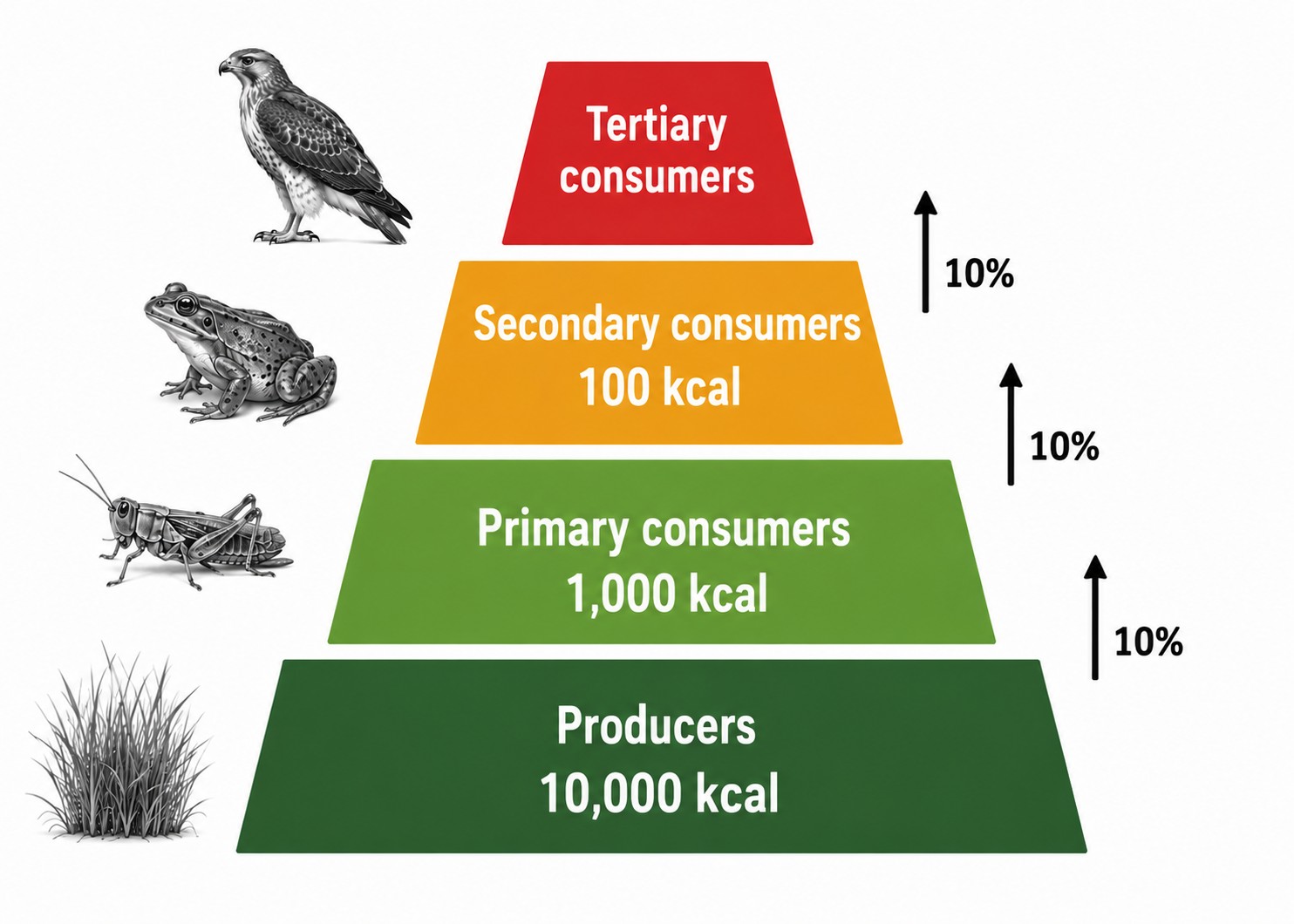 If producers have 10,000 kcal, primary consumers get 1,000 kcal, and secondary consumers get… ? Apply the 10% rule twice.